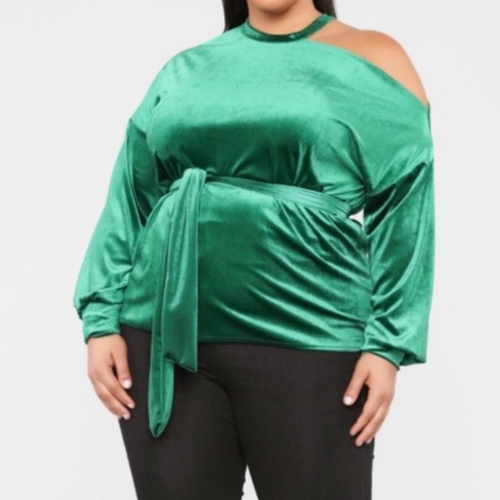 Fashion Nova asymmetrical emerald green wrap blouse. Long sleeve w/ cut out